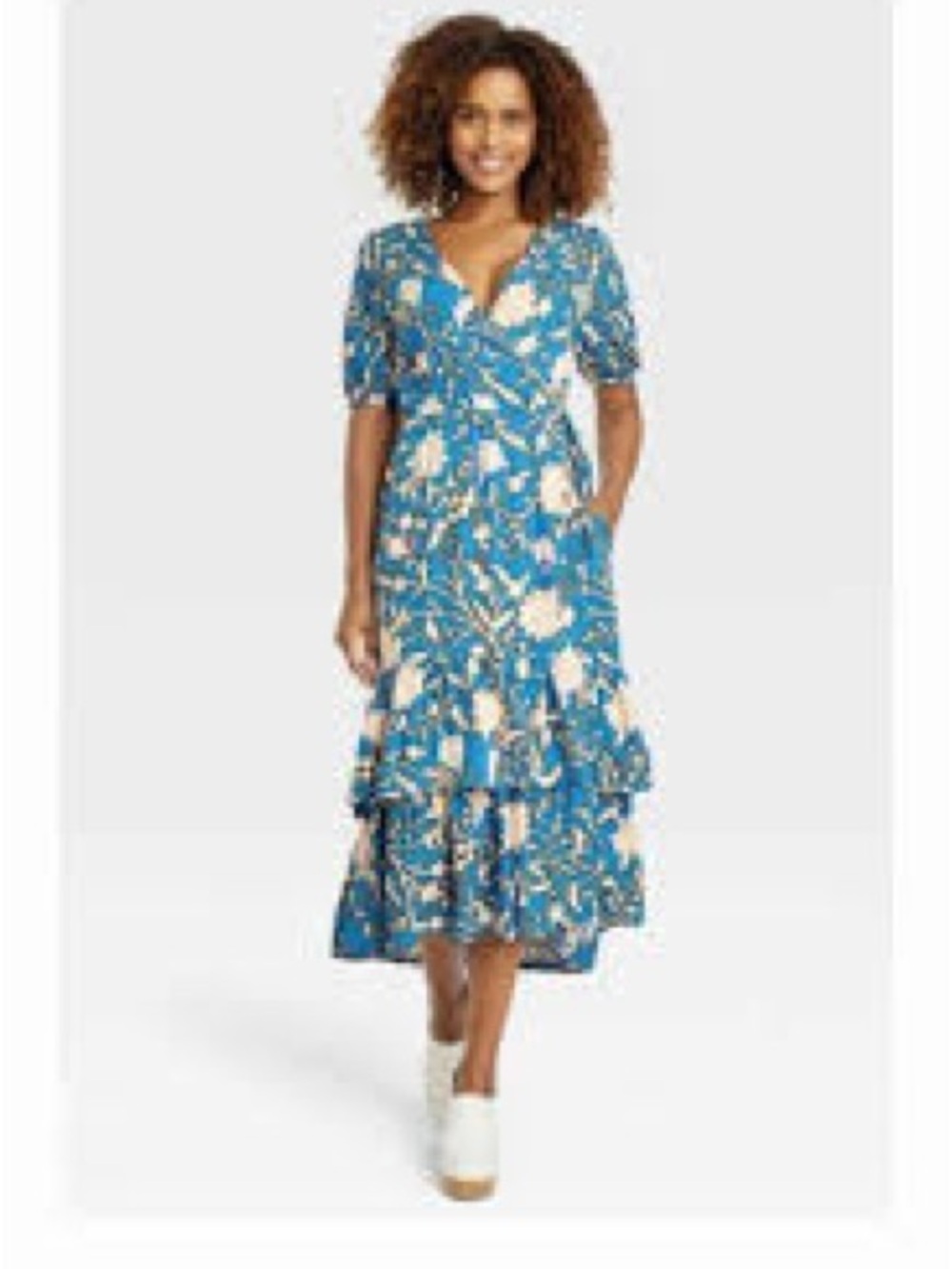 Knox Rose Blue Floral Faux Wrap Midi Dress Tassel Tie Tiered Hem Boho XL